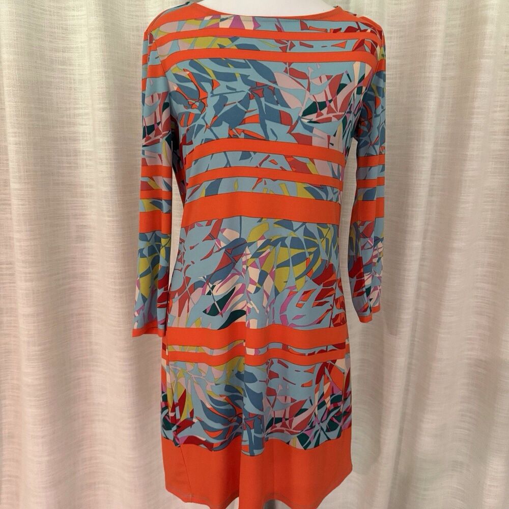 BCBGMaxAzria Colorful Striped Tropical 3/4‎ sleeve Shift Dress size XS Vacation - Picture 2 of 16